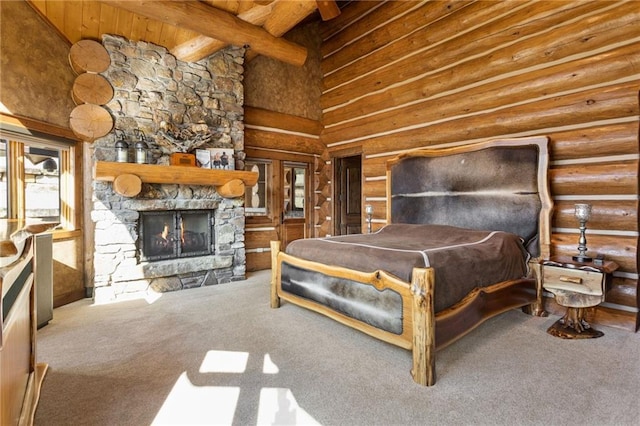 bedroom featuring beamed ceiling, a stone fireplace, a high ceiling, carpet flooring, and rustic walls