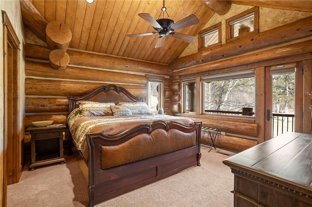 carpeted bedroom featuring high vaulted ceiling, access to exterior, log walls, wood ceiling, and ceiling fan