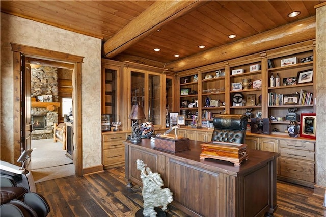 office space featuring dark hardwood / wood-style floors, a fireplace, wooden ceiling, and beamed ceiling