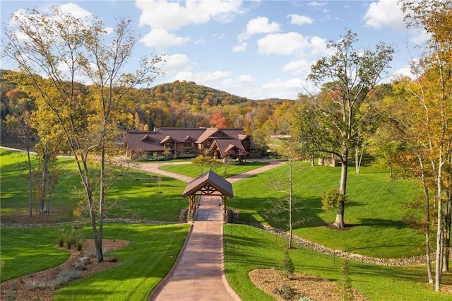 view of property's community with a lawn