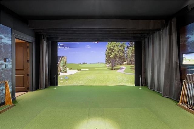 game room featuring golf simulator and carpet