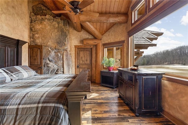 bedroom with wood ceiling, dark hardwood / wood-style flooring, beam ceiling, and high vaulted ceiling