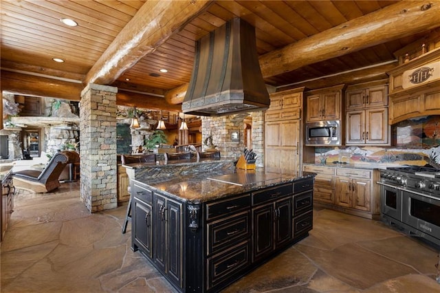 kitchen featuring wood ceiling, appliances with stainless steel finishes, beam ceiling, and a kitchen bar