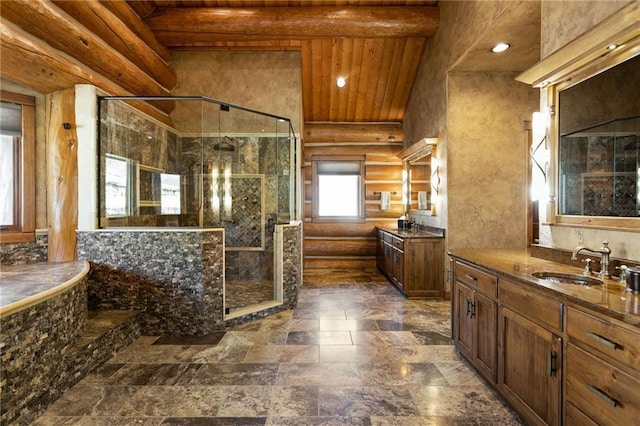 bathroom featuring vanity with extensive cabinet space, rustic walls, wood ceiling, and walk in shower