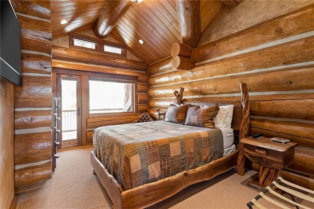 carpeted bedroom with high vaulted ceiling, log walls, beam ceiling, and wood ceiling