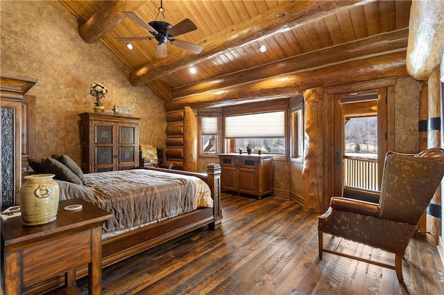 bedroom featuring ceiling fan, dark wood-type flooring, lofted ceiling with beams, wooden ceiling, and log walls