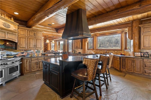 kitchen with a center island, rustic walls, double oven range, beam ceiling, and wood ceiling