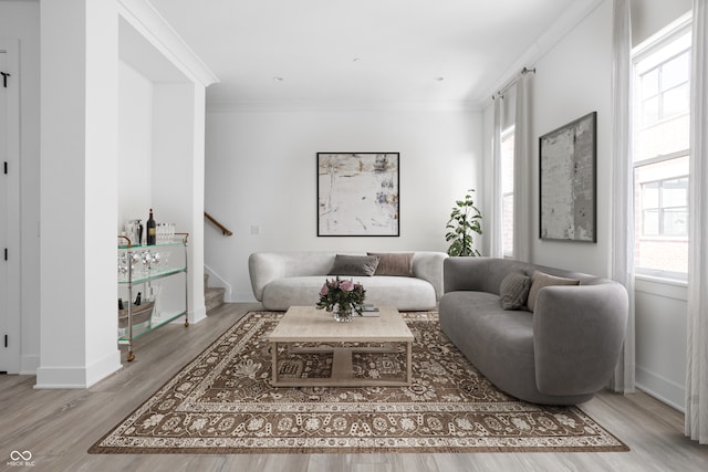 living room featuring crown molding, plenty of natural light, and light wood-type flooring