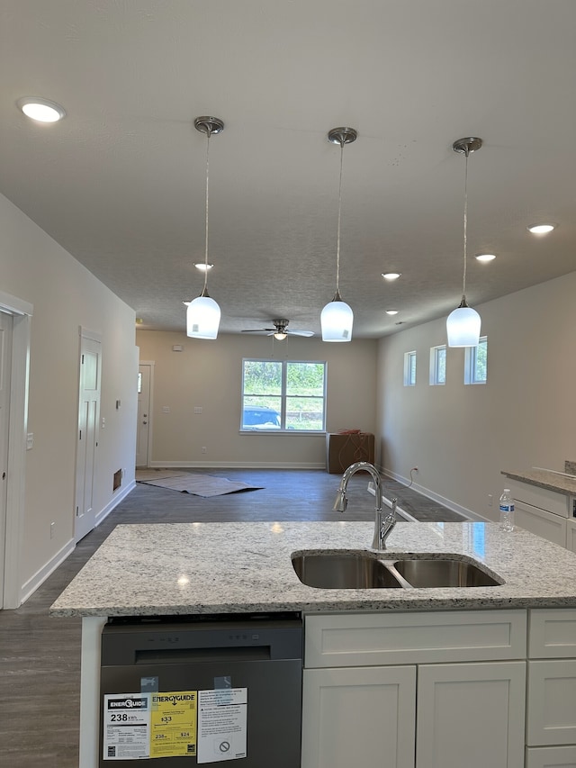 kitchen featuring sink, pendant lighting, white cabinets, and dishwashing machine