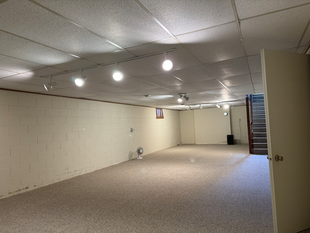 basement featuring a drop ceiling and carpet flooring