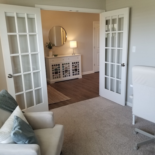 office area with french doors and dark wood-type flooring