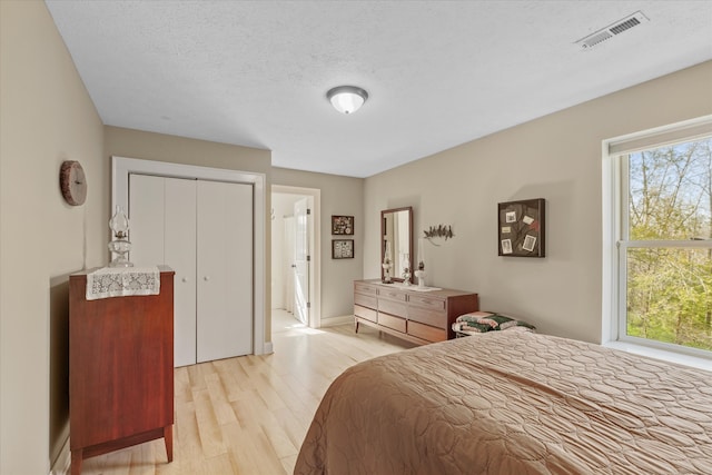 bedroom featuring light hardwood / wood-style flooring, a closet, a textured ceiling, and multiple windows