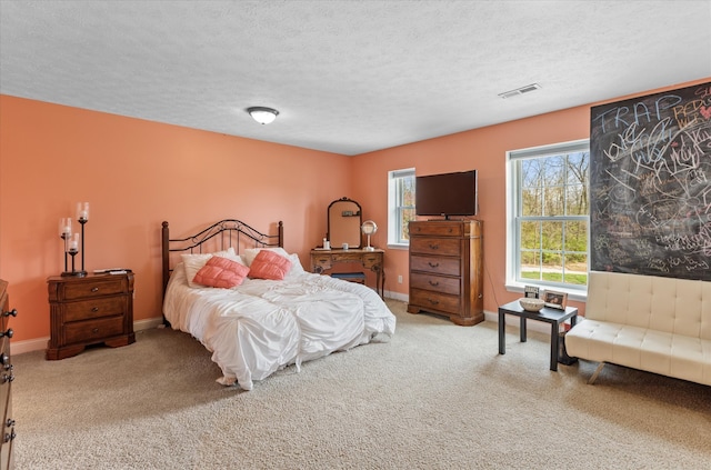 carpeted bedroom with a textured ceiling