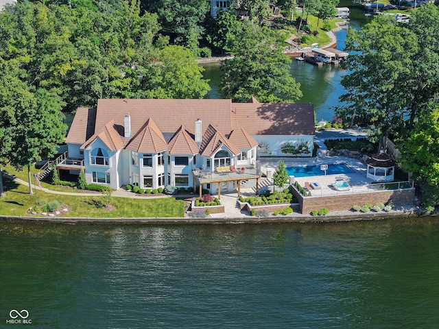 drone / aerial view featuring a water view