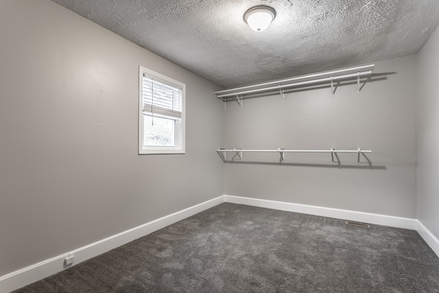 walk in closet with dark carpet