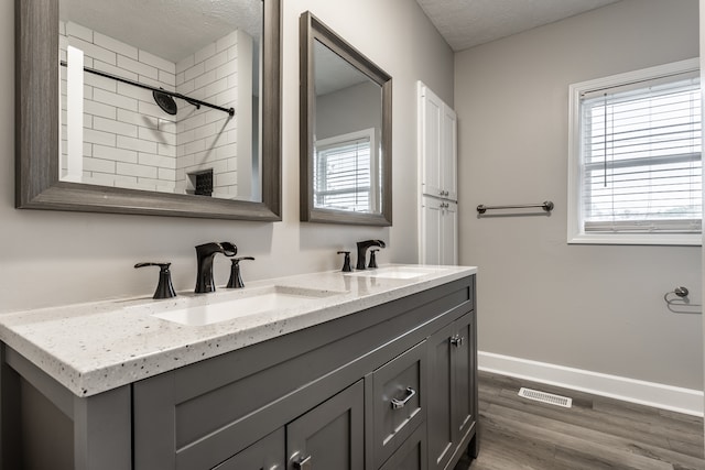 bathroom with plenty of natural light, hardwood / wood-style flooring, dual vanity, and a textured ceiling