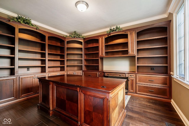 unfurnished office featuring a textured ceiling, crown molding, and dark hardwood / wood-style floors