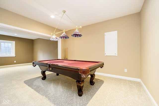 playroom with carpet floors and billiards