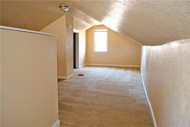 additional living space featuring carpet floors, vaulted ceiling, and a textured ceiling