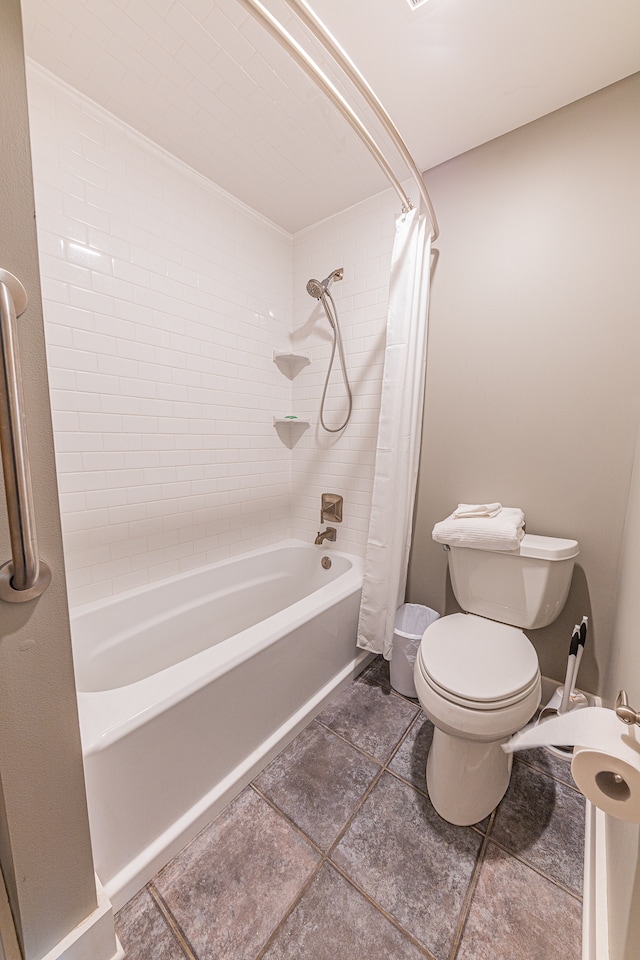 bathroom featuring toilet and shower / bathtub combination with curtain