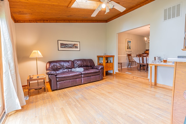 living room featuring light wood-type flooring, a skylight, ceiling fan with notable chandelier, and wooden ceiling