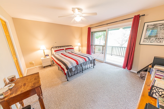 bedroom featuring access to outside, ceiling fan, and carpet