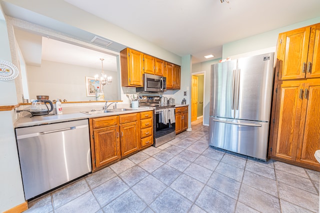 kitchen with hanging light fixtures, a chandelier, sink, and stainless steel appliances