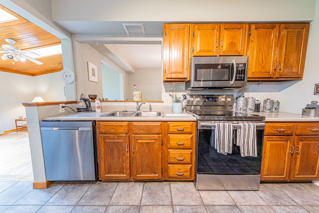 kitchen with appliances with stainless steel finishes, decorative backsplash, sink, kitchen peninsula, and ceiling fan