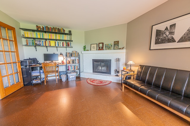 living room with a fireplace