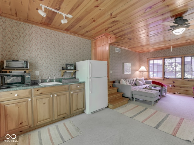 6486 Coyote Dr, Nineveh, IN 46164 - kitchen with freestanding refrigerator, black microwave, wallpapered walls, light colored carpet, and a sink