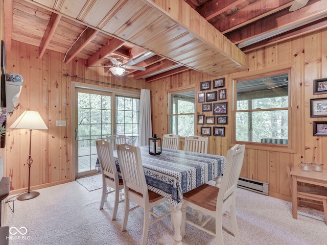 6486 Coyote Dr, Nineveh, IN 46164 - dining area with baseboard heating, carpet floors, wood walls, wooden ceiling, and a ceiling fan