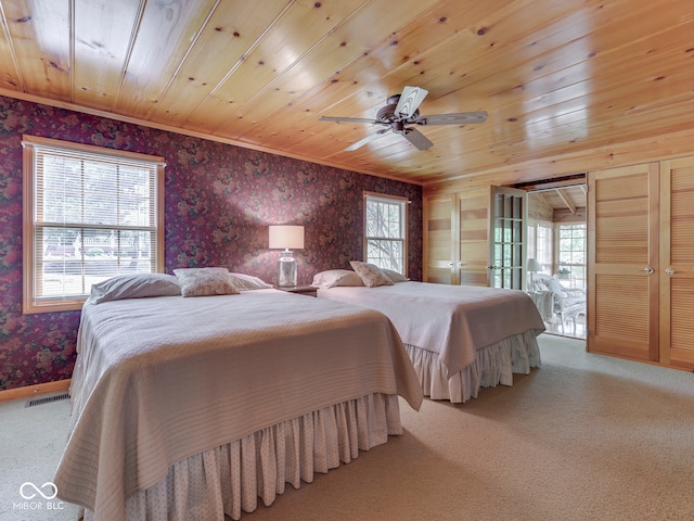 6486 Coyote Dr, Nineveh, IN 46164 - bedroom featuring wallpapered walls, carpet flooring, multiple windows, crown molding, and wooden ceiling