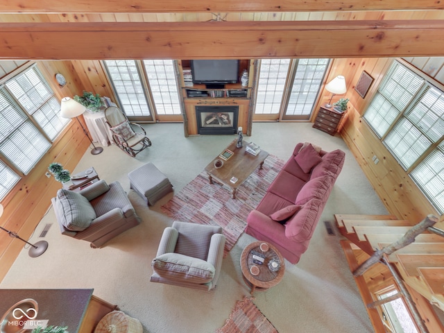 6486 Coyote Dr, Nineveh, IN 46164 - carpeted living room featuring plenty of natural light, a glass covered fireplace, and wood walls