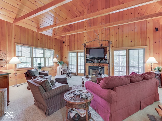 6486 Coyote Dr, Nineveh, IN 46164 - living area with carpet flooring, healthy amount of natural light, wood walls, a glass covered fireplace, and wood ceiling