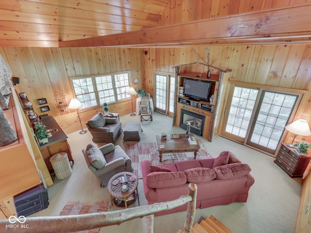 6486 Coyote Dr, Nineveh, IN 46164 - carpeted living room with wood walls and a glass covered fireplace
