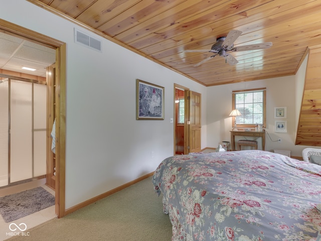 6486 Coyote Dr, Nineveh, IN 46164 - bedroom with carpet, wooden ceiling, baseboards, ornamental molding, and ceiling fan