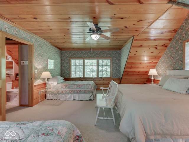 6486 Coyote Dr, Nineveh, IN 46164 - carpeted bedroom featuring wallpapered walls, ornamental molding, and wood ceiling