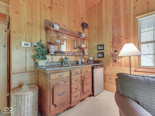 6486 Coyote Dr, Nineveh, IN 46164 - kitchen featuring light colored carpet, wood walls, open shelves, and dark countertops