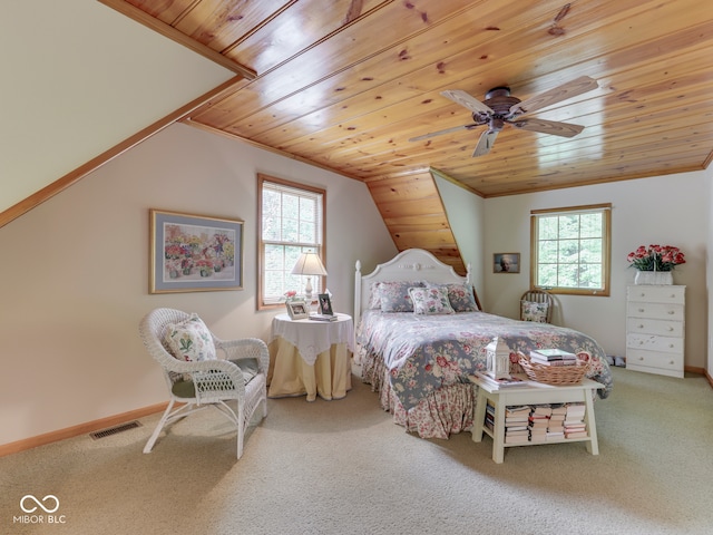 6486 Coyote Dr, Nineveh, IN 46164 - carpeted bedroom with wooden ceiling, multiple windows, vaulted ceiling, baseboards, and ceiling fan