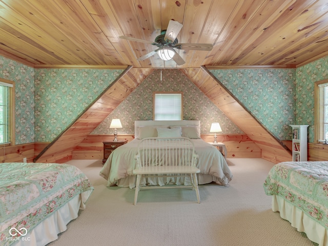 6486 Coyote Dr, Nineveh, IN 46164 - bedroom featuring wallpapered walls, wooden ceiling, carpet floors, and wood walls