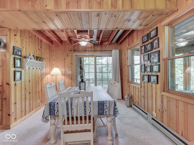 6486 Coyote Dr, Nineveh, IN 46164 - carpeted dining space featuring wooden ceiling, a baseboard radiator, wood walls, beam ceiling, and ceiling fan