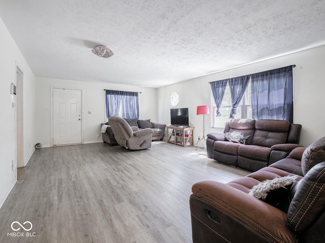 living room with light hardwood / wood-style floors and a textured ceiling