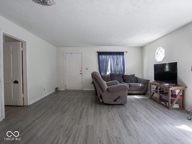 living room featuring a healthy amount of sunlight, wood-type flooring, and a textured ceiling