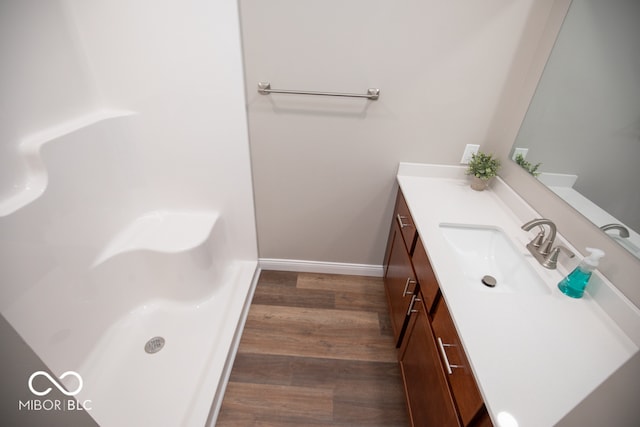 bathroom with vanity and wood-type flooring