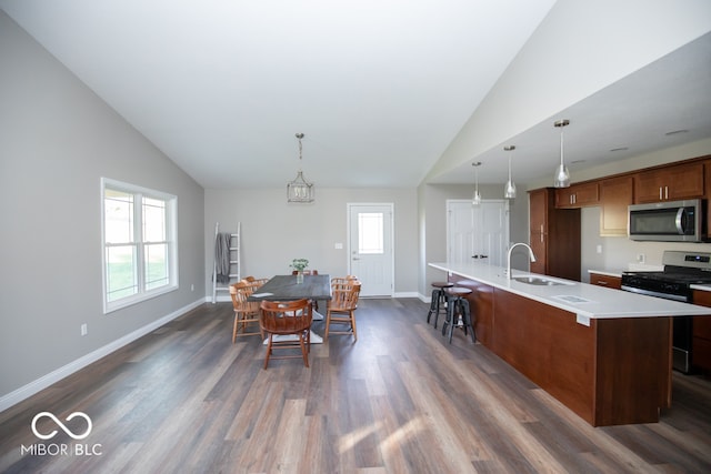 dining room with sink, high vaulted ceiling, and dark wood-type flooring