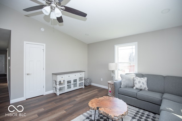 living room featuring dark hardwood / wood-style flooring, ceiling fan, and lofted ceiling