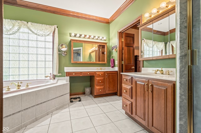 bathroom with a relaxing tiled bath, tile flooring, vanity, and crown molding