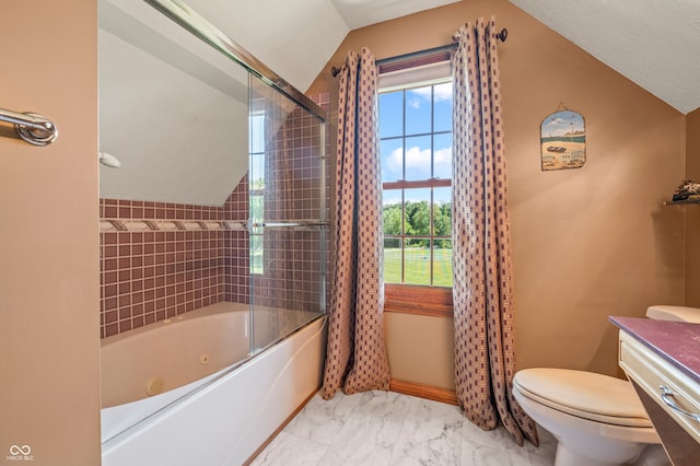 full bathroom featuring tile flooring, shower / bath combination with glass door, lofted ceiling, toilet, and vanity