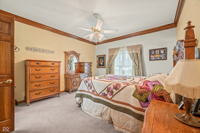 bedroom featuring light colored carpet, ceiling fan, and crown molding