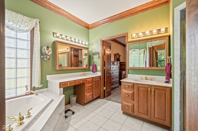 bathroom featuring dual bowl vanity, tile flooring, tiled tub, and crown molding